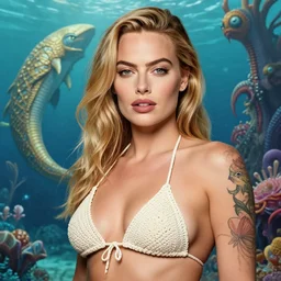 tattooed margot robbie portrait posing in a crochet bikini in front of atlantis, highly detailed realistic face, highly detailed eyes, fantasy art, in the style of greg rutkowski, illustration, epic, fantasy, intricate, hyper detailed, artstation, concept art, smooth, sharp focus, ray tracing, vibrant, margot robbie face