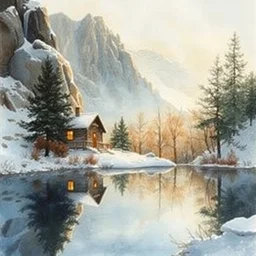 watercolor painting of cabin at rocky hill, reflective, stone walls, winter, sunlight, morning, ambient lighting, art by hans gude, art by hans dahl