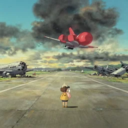 a wholesome animation key shot of a cute empty postapocalyptic airport runway floor with damaged airplanes, studio ghibli, pixar and disney animation, sharp, rendered in gouache painting, anime gouache key art by greg rutkowski, bloom, dramatic, dynamic lighting
