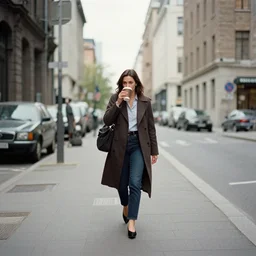 film still of a woman drinking coffe, walking to work, long shot, wide shot, full shot