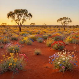 painting of the australian red desert covered in colorful wild flowers, golden hour, high quality digital art