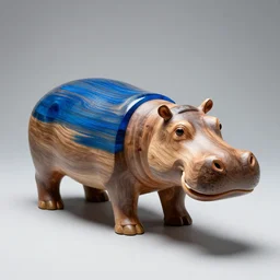 a photo of a model hippo made of repurposed elm wood!!! composite mixed with straight lines blue epoxy resin!!, dramatic lighting, epoxy resin, studio zeiss 1 5 0 mm f 2. 8 hasselblad, award - winning photo, full subject shown in photo, wood