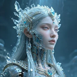 highly lifelike beautiful divine tribal high priestess water with adornments of crystals wide hdr whole infinite capsule apparent with awe an idea seep's into infinity, face axonometric mechanical fantasy intricate elegant, in void of latent space, volumetric lighting 3 d modelling h 5 1 2