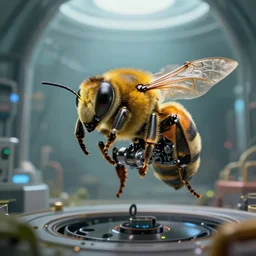 a mechanical robotic bee that is a robot, biodome environment, biotechnology, photo, national geographic, deep depth field, masterpiece, cinematic composition, hyper - detailed, hd, 4 k