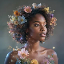 double exposure photograph of a black woman and dreamy flowers in volumetric lighting, light leaks, intricate, highly detailed