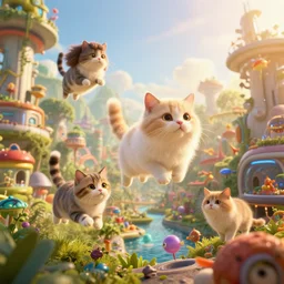 flying cats, nicoletta ceccoli, mark ryden, lostfish, max fleischer, depth of field, detailed and intricate environment, golden hour, 8 k resolution, hyperrealistic, octane render, vivid colors, bright, cheerful, detailed and intricate scifi environment