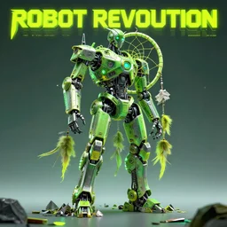 poster of futuriste robot with the word ROBOT REVOLUTION , robotic dreamcatcher made of hi-tech trash. neon green and yellow colors, sci-fi fantasy, wide angle, full body shot, high detail