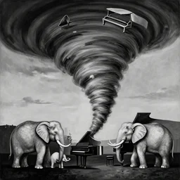 An abstract painting of a tornado made of elephants and pianos by Salvador Dali, black and white color palette, dusk