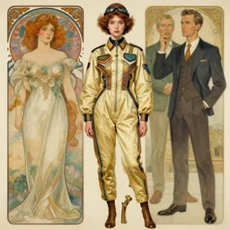 an octane render. hyper detailed illustration of a russian girl wearing a pilot jumpsuit dress designed by balenciaga by alphonse mucha, norman rockwell and john berkey