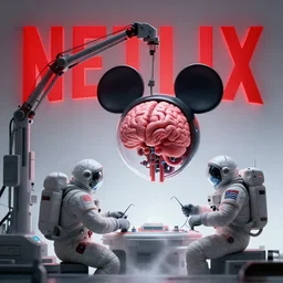 graphic art of dystopian futuristic 1 0 mechanic surgeons astronauts, operate on a mickeymouse!!! head float brain exposed, held by a crane. ominous glowing red netflix!!! logo in the background, trending on art station, beeple!!!!, clean concept art, smooth, octane render, minimal