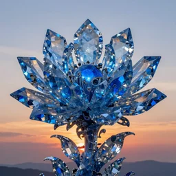 beautiful evil fantasy blue crystal flower portrait, ultra realistic, sunset, wide angle, intricate details, the fifth element artifacts, highly detailed by peter mohrbacher, hajime sorayama, wayne barlowe, boris vallejo, aaron horkey, gaston bussiere, craig mullins