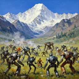 a fantasy painting of a grand battle of robots in front of altai mountains, cinematic, beautiful lighting, highly detailed, painting by nicholas roerich