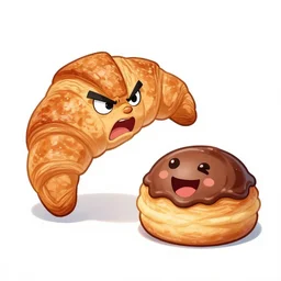 drawing of an angry croissant fighting an happy pain au chocolat