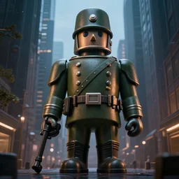 hyperrealistic giant toy tin soldier in city, stunning, realistic, highly detailed attributes and atmosphere, dim volumetric cinematic lighting, 8 k octane extremely hyper - detailed render, post - processing, masterpiece,