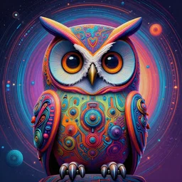 a portrait of a psychedelic cat owl figure by naoto hattori, android jones and chris dyer, deep bold colors, galactic entity, depth of field, intricate beautiful painting, billions of details, octane render, portal, 8 k, detailed vector, trending on artstation, cgisociety, mechanical, neural, runic, wow!!!!!!!!!!