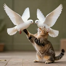 cat playing with the dove of peace, photorealistic, detailed
