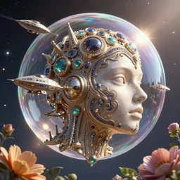 space ship, soap bubble mind, highly detailed ornate with jewels and precious metals futuristic, sandman kingdom, kingdom of dreams, space ships, organic, flower, leaf, cosmic, hiperrealistc, global illumination, radiant light, moebius