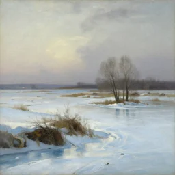 the european steppes frozen over and the water lowered during the last ice ages, in the style of hudson river school of art, oil on canvas