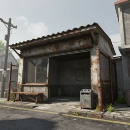 a concept art illustration, portrait, an empty shack biome in the middle of the street, a store with a mechanical rusty fence, low angle shot, style by dylan cole and feng zhu and wlop, unreal engine, trending in artstation, octane render, ultra sharp, 8 k
