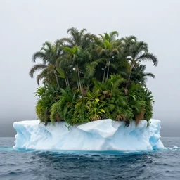 an iceberg with overgrown lush tropical plants on top, middle of the ocean, morning fog