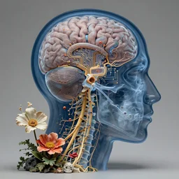 x - ray of human head, brain, spine, nervous system, circuitry, flowers, sculpture, physical based render, hyper - maximal, surrealism, nychos, android jones, ljubomir popovic, guiseppe acrimboldo, adrian ghenie
