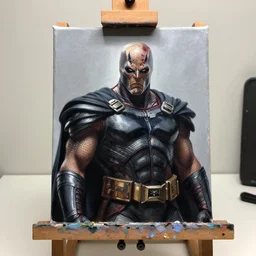 a photograph of bane from dark knight rises, painting at an easel, 3 5 mm