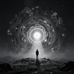 finding self, universe, alone in the darkness, octane render, intricate, amazing scenery, misty, fog, light leak
