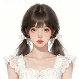 a beautiful digital illustration sketch portrait of a prettygirl, hestia, with bangs and twintails, dark hair with bow ties, wearing a white lace dress. ilya kuvshinov