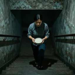 a Chinese woman descends the stairs to the basement with a bowl of rice in her hands, view from the basement, cinematic, dark, 4k,