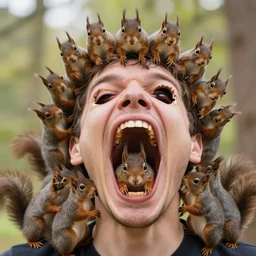 photo of a man with thirty squirrels in his gaping stretched mouth. his cheeks have been gnawed right through and his eyes have retracted into sockets. he is ecstatic