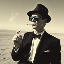 abeautiful award winning masterpiece photograph of an intent and serious agent smith and buster keaton wearing balenciaga mirrorshades and smoking a cigarette by andy warhol, trending on artstation