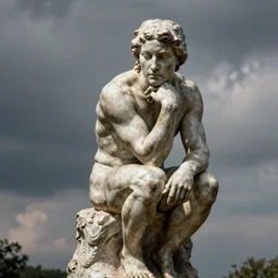 sculpture of cate blanchett as the thinker , by Augusts Rodin photorealism