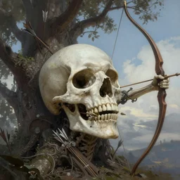 Death is swallowed up in victory, very detailed and beautiful face, artwork by artgerm, Long Bow and arrows, perched in a tree, wide angle, full body, DD, fantasy, highly detailed, digital painting, artstation, smooth, sharp focus, art by thomas kinkade and Stephan Martiniere and Kevin Swartz