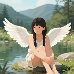 prompt Young girl, with wings for arms, sitting at a pond, mountainous area, trees in the background, digital art