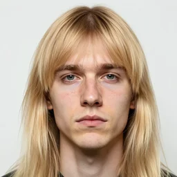 a man with a big irish head, a slender persian nose, sunken beady eyes, low cheek bones, pocky cheeks, sharp cleft chin, long blond sideburns, fluffy bangs, thin eyebrows