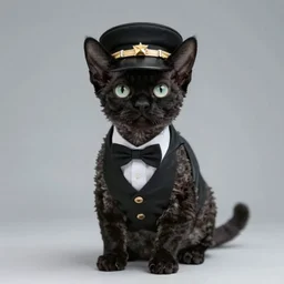 high quality photograph of a black furred devon rex purebred cat dressed up like a pimp