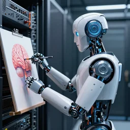 a high resolution photo of a robot painting a picture of a brain, standing in a server room, hyper detailed, photography, realistic, art, 8 k, unreal engine, cinematic, shallow focus, f 2. 8 3 5 mm