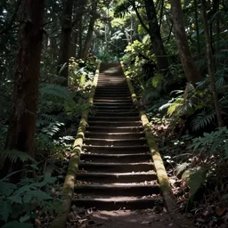 stairs in a forest, atmospheric lighting, mysterious, found footage