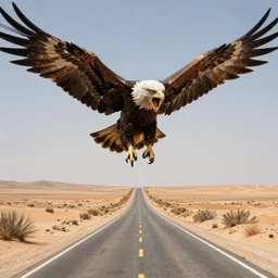 an elderly man flying with the giant wings of an eagle, screaming, terror, desert highway, bold natural colors, national geographic photography, masterpiece, 8 k, raw, unedited, symmetrical balance