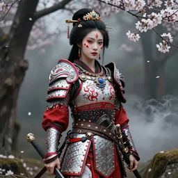 geisha warrior ornated viking armor war paint in the woods, detailed, smokey background, jewelry, sakura,photograph, award wining, red and white, trending on artstation, punk attitude, 4k, unreal engine 5, octane render, neon highlights