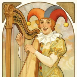 a Happy Jester playing the harp, in the style of Alphonse Mucha
