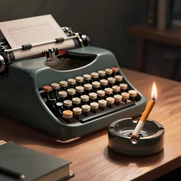 digital art of a typewriter and an ashtray with lit cigarette standing on a desk, dramatic lighting
