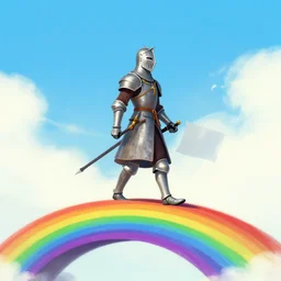a knight walks on a rainbow bridge, artstation