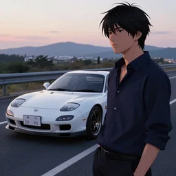 aesthetic illustration of ryosuke takahashi with black hair wearing a dark blue shirt standing near white mazda rx 7 on an empty highway at dusk, cinematic lighting, initial d anime 1 0 8 0 p, detailed anime face, high detail, 9 0 s anime aesthetic, volumetric lights, unreal engine 5 render, pinterest wallpaper, trending on artstation