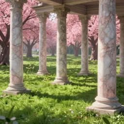marble columns. pleasant grassland. pink trees at the background. digital art, mtg