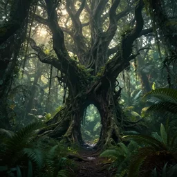 horrific portal to hades embedded in a creepy tree in a densely overgrown, magical jungle, fantasy, dreamlike sunraise, ultra realistic, atmospheric, stopped in time, epic