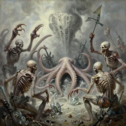 oil painting of 1 9 7 8 battle - panorama nightmare of horror skinned nautiloid chalk clusters terrors clawed weapons held in necrotized skirmish stewing rococo glass fang garbage, by alberto bontempi, simon bisley & boris vallejo, hyper realism, cinematical