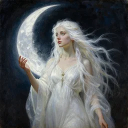 queen goddess luna, moon, white hair, high fantasy, by john berkey, by peter mohrbacher, oil painting, realism, master study