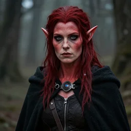 a female tiefling with red skin, freckles, and a black cloak