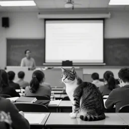 a cat giving a lecture in a classroom at MIT, black & white photo 8K